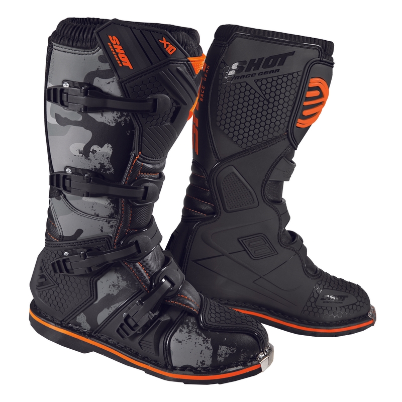 Boty na motorku Shot X10 2.0 černo-camo-fluo oranžové