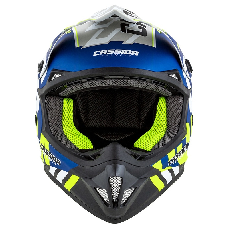 Motokroso šalmas Cassida Cross Cup Sonic fluo geltonai mėlynas matinis