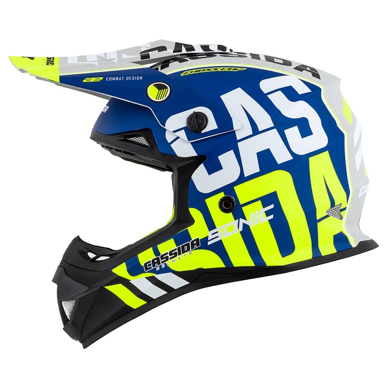 Motokroso šalmas Cassida Cross Cup Sonic fluo geltonai mėlynas matinis