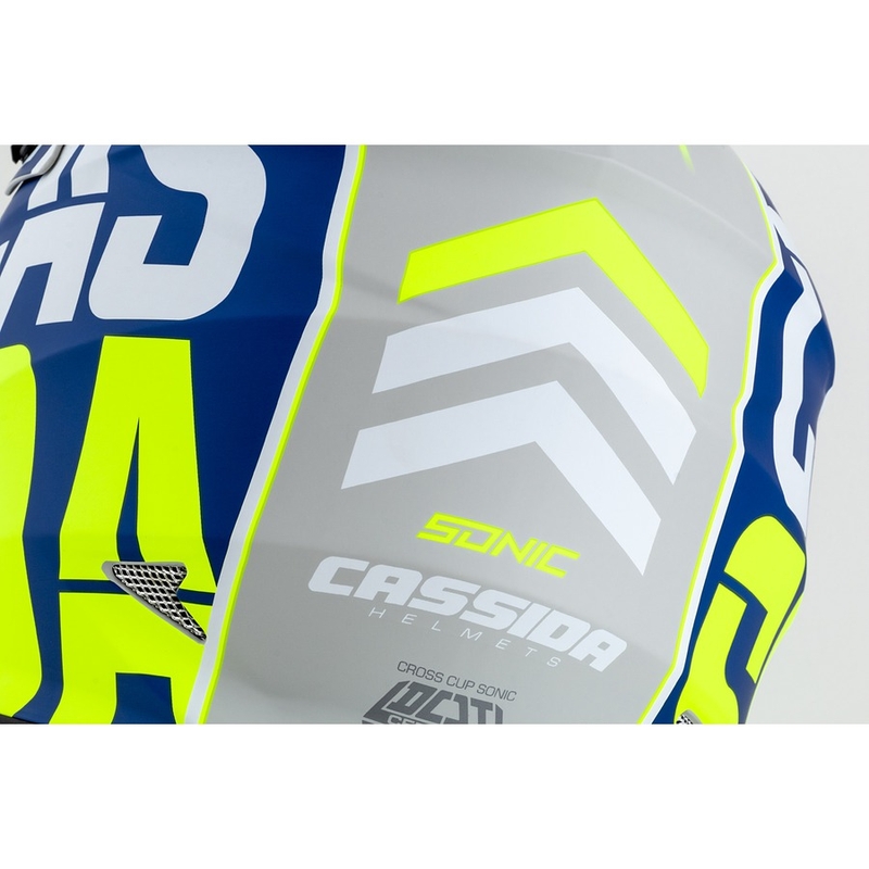Motokroso šalmas Cassida Cross Cup Sonic fluo geltonai mėlynas matinis