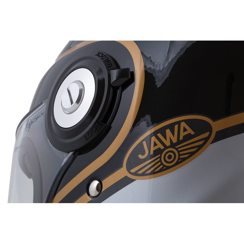 Integruotas motociklininko šalmas Cassida Fibre Jawa Sport juodas-sidabrinis-auksinis