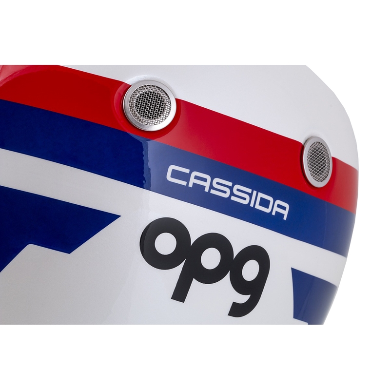 "Cassida Fibre OPG" integralus motociklininko šalmas baltai-mėlynai-raudonas