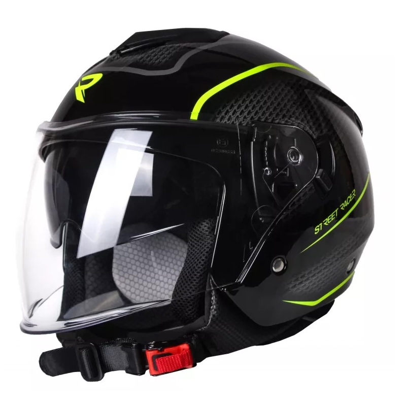 Atviras motociklininko šalmas "Street Racer Pilot" juoda ir geltona