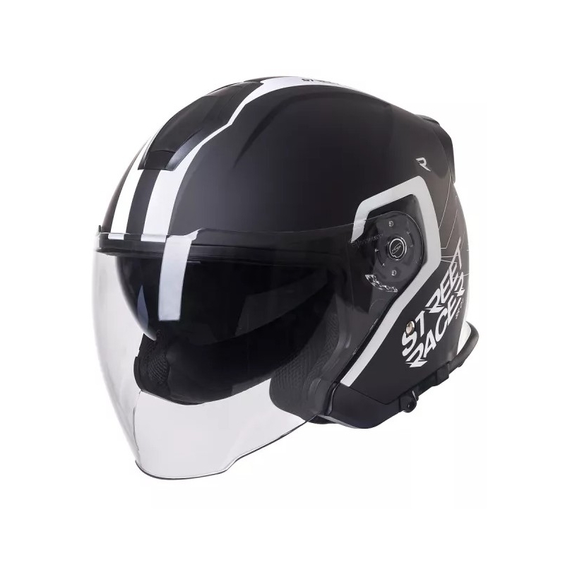 Atviras motociklininko šalmas Street Racer SR 01 juodai baltas
