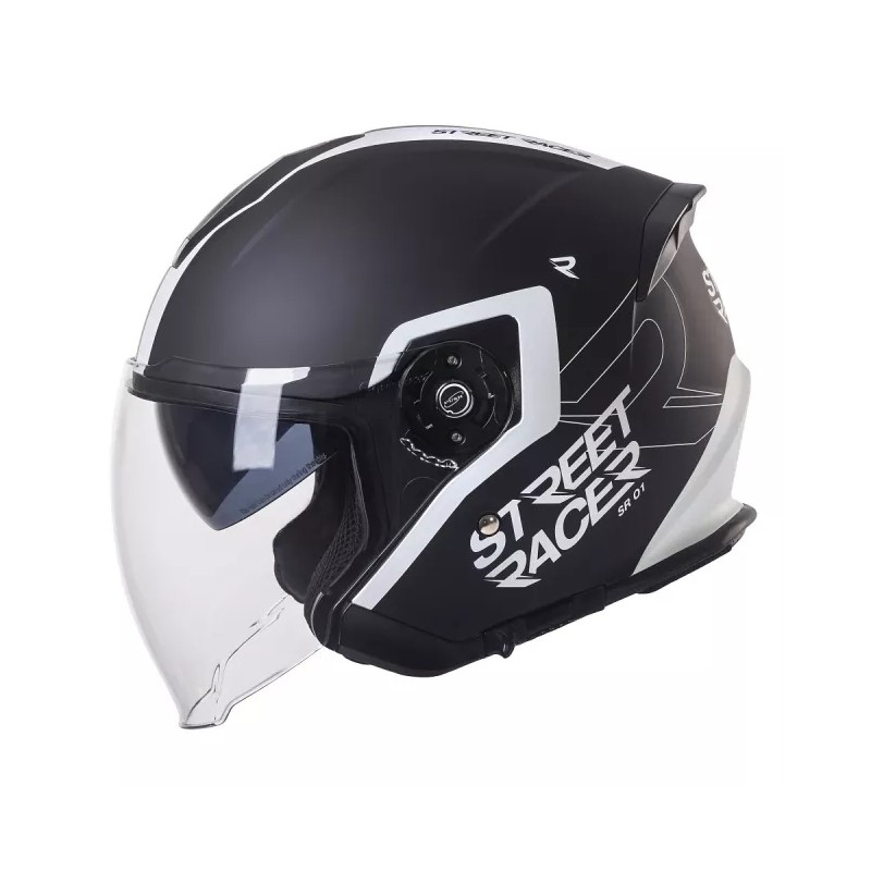 Atviras motociklininko šalmas Street Racer SR 01 juodai baltas