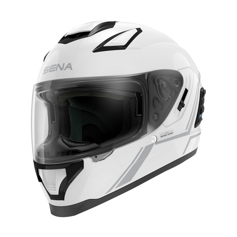 Pilno veido motociklo šalmas su tinklelio ausinėmis SENA Stryker blizgiai baltas