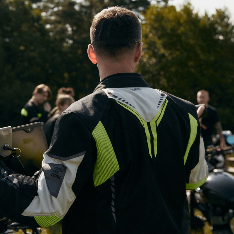 Ozone Flow juoda-pilka-fluo geltona motociklininko striukė išpardavimas