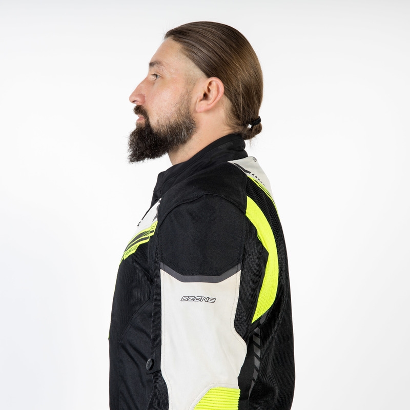 Ozone Flow juoda-pilka-fluo geltona motociklininko striukė išpardavimas