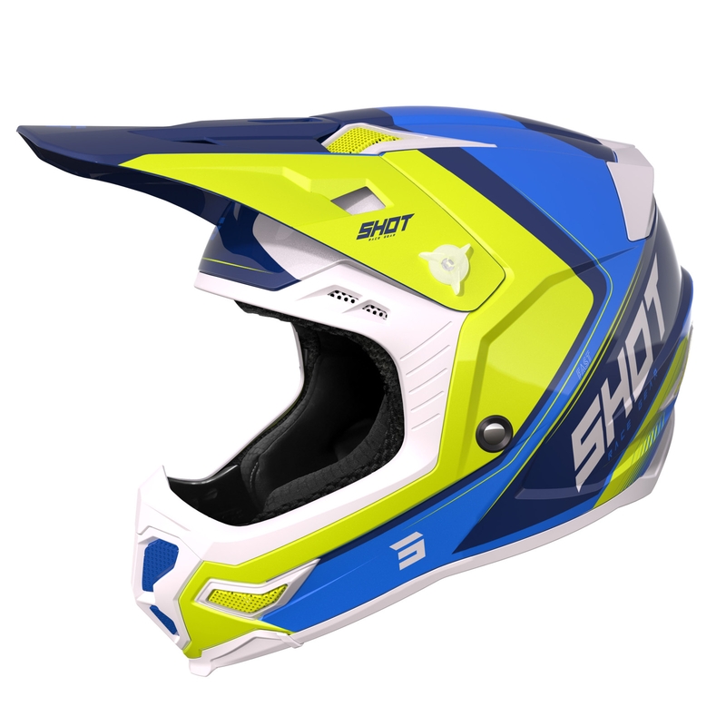 Motokroso šalmas "Shot Core Fast" mėlyna-balta-fluo geltona išpardavimas