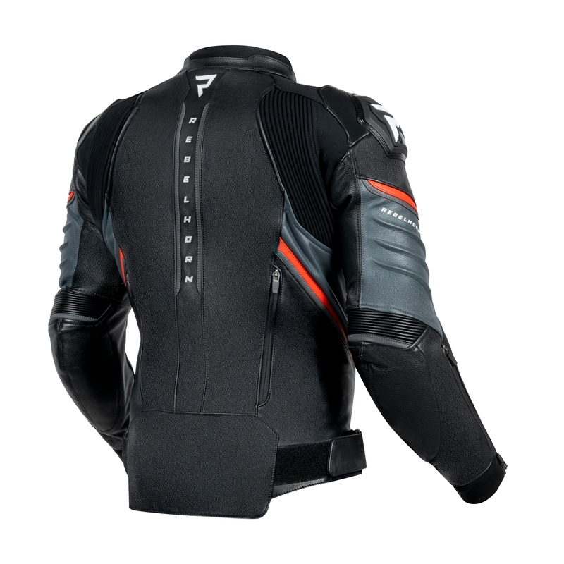 "Rebelhorn Veloce" juoda-fluo raudona odinė motociklininko striukė