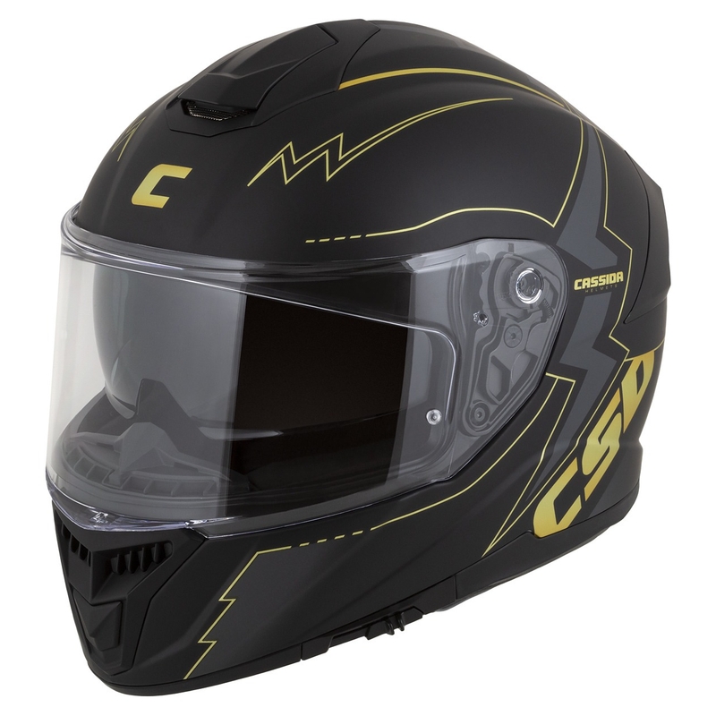 "Cassida Integral GT 2.1 Flash" juodai aukso ir pilkos spalvos motociklininko šalmas