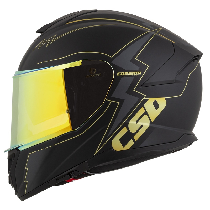 "Cassida Integral GT 2.1 Flash" juodai aukso ir pilkos spalvos motociklininko šalmas