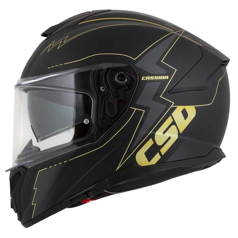 "Cassida Integral GT 2.1 Flash" juodai aukso ir pilkos spalvos motociklininko šalmas