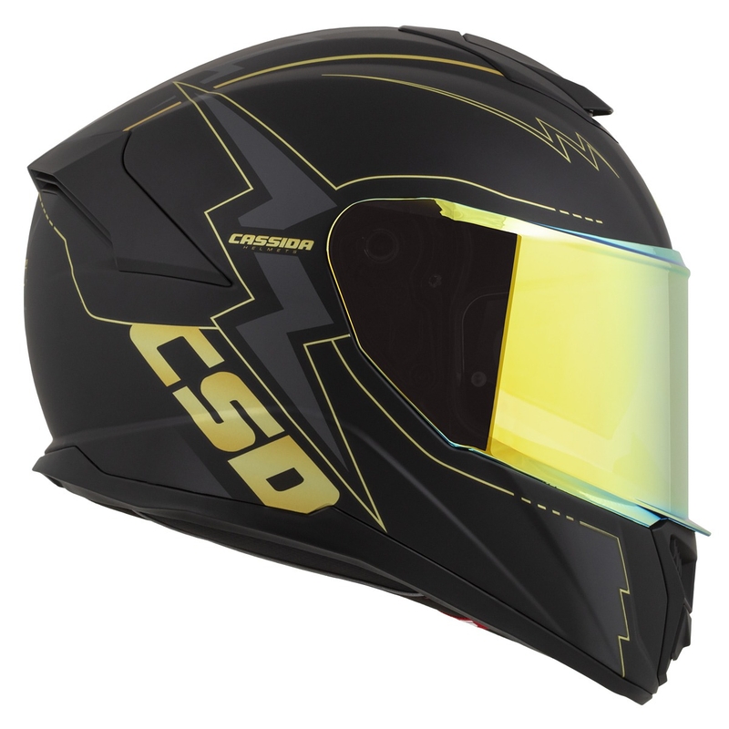 "Cassida Integral GT 2.1 Flash" juodai aukso ir pilkos spalvos motociklininko šalmas