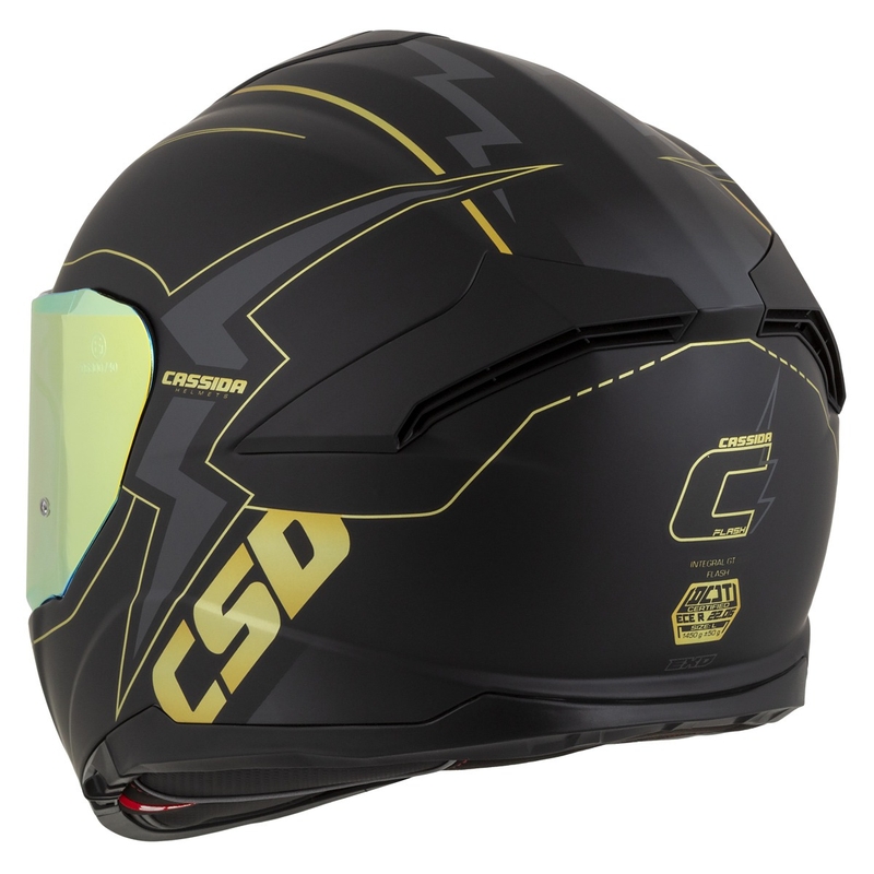 "Cassida Integral GT 2.1 Flash" juodai aukso ir pilkos spalvos motociklininko šalmas