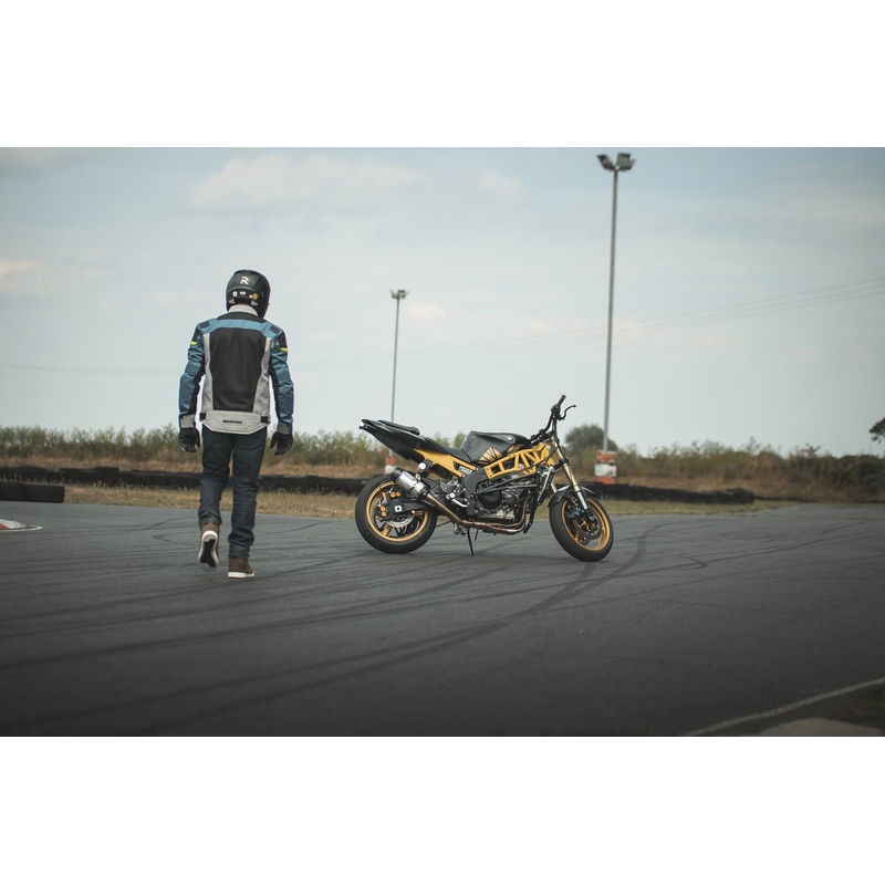 Oxford Dakar D2D Air sidabrinės-mėlynos-fluo geltonos spalvos motociklininko striukė