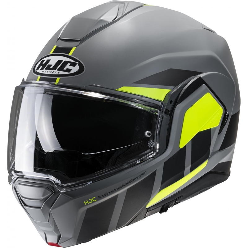 HJC i100 Beis MC3HSF juodai pilkas-fluo geltonas sulankstomas motociklininko šalmas