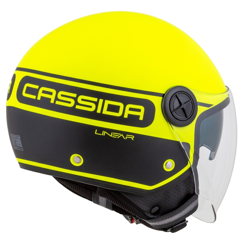 Cassida Handy Plus Linear fluo geltonai juodas atviras motociklininko šalmas