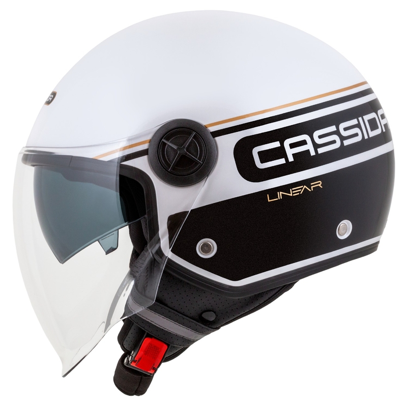 "Cassida Handy Plus Linear" atviras motociklininko šalmas baltai-juodai-auksinis