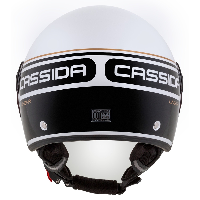 "Cassida Handy Plus Linear" atviras motociklininko šalmas baltai-juodai-auksinis