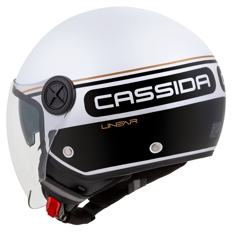 "Cassida Handy Plus Linear" atviras motociklininko šalmas baltai-juodai-auksinis