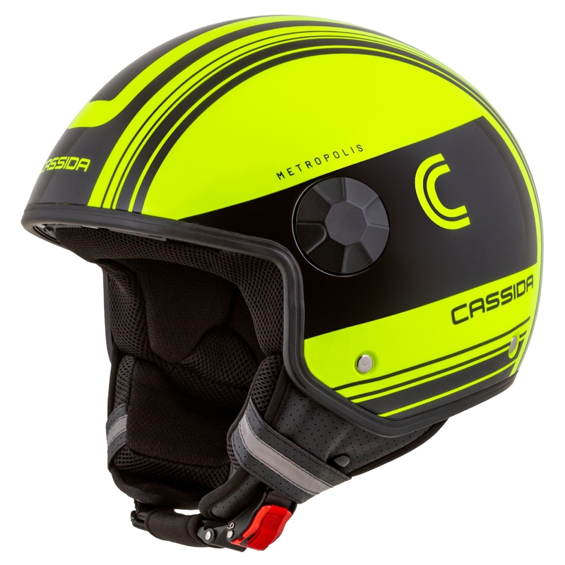 "Cassida Handy Metropolis Safety" fluo geltonos-juodos-juodos-refleksinės pilkos spalvos atviras motociklininko šalmas