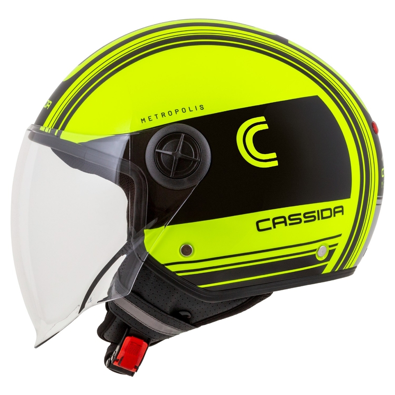"Cassida Handy Metropolis Safety" fluo geltonos-juodos-juodos-refleksinės pilkos spalvos atviras motociklininko šalmas