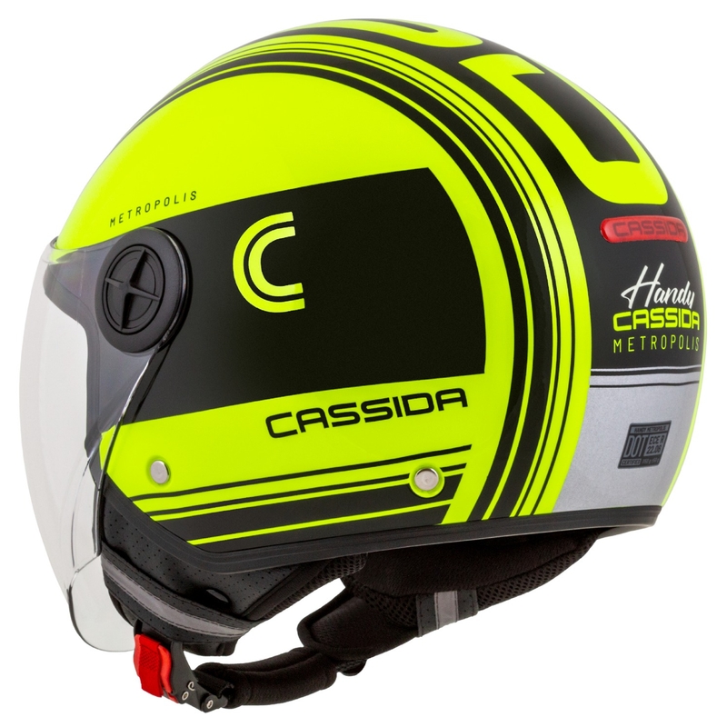 "Cassida Handy Metropolis Safety" fluo geltonos-juodos-juodos-refleksinės pilkos spalvos atviras motociklininko šalmas