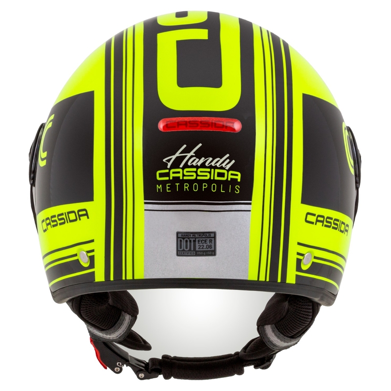 "Cassida Handy Metropolis Safety" fluo geltonos-juodos-juodos-refleksinės pilkos spalvos atviras motociklininko šalmas