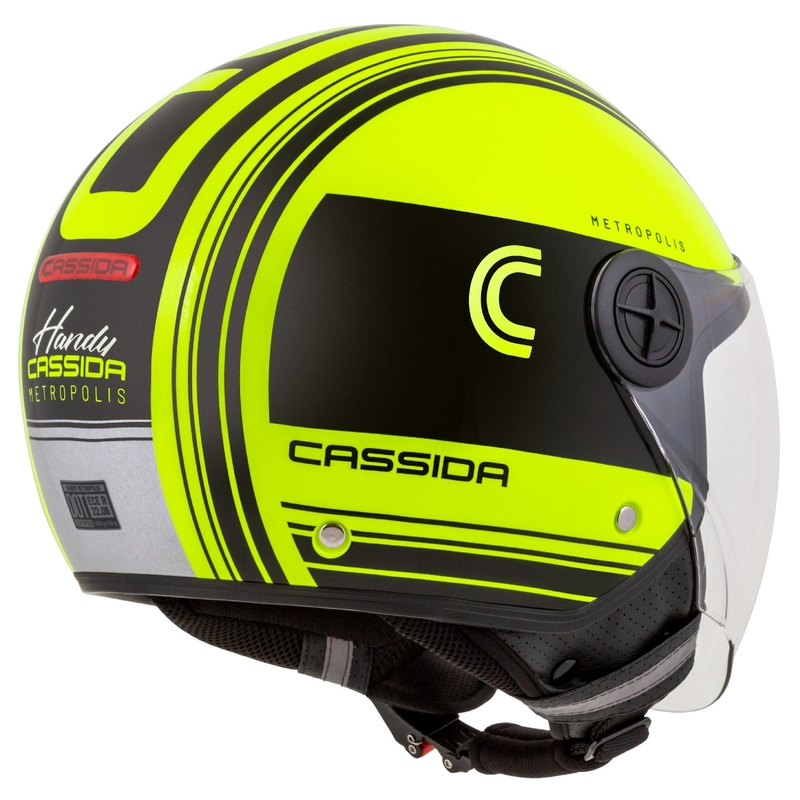 "Cassida Handy Metropolis Safety" fluo geltonos-juodos-juodos-refleksinės pilkos spalvos atviras motociklininko šalmas