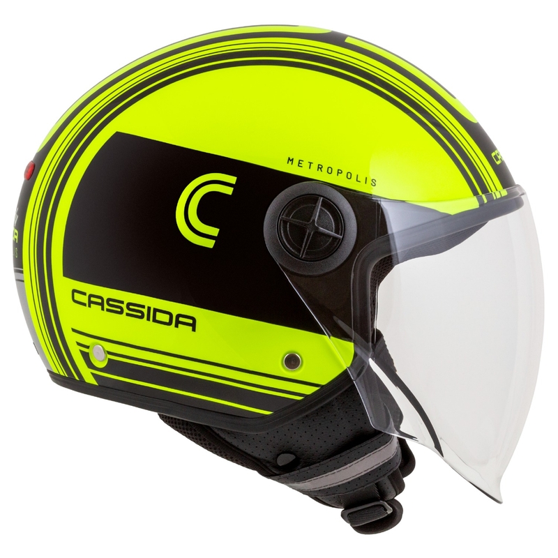 "Cassida Handy Metropolis Safety" fluo geltonos-juodos-juodos-refleksinės pilkos spalvos atviras motociklininko šalmas