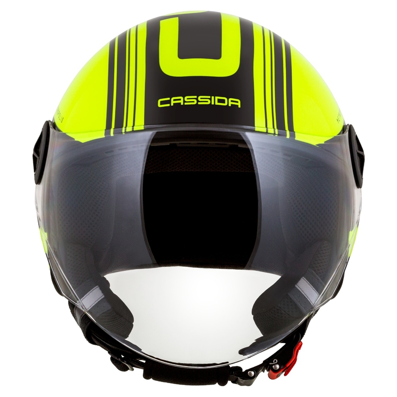 "Cassida Handy Metropolis Safety" fluo geltonos-juodos-juodos-refleksinės pilkos spalvos atviras motociklininko šalmas