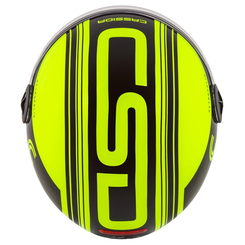 "Cassida Handy Metropolis Safety" fluo geltonos-juodos-juodos-refleksinės pilkos spalvos atviras motociklininko šalmas