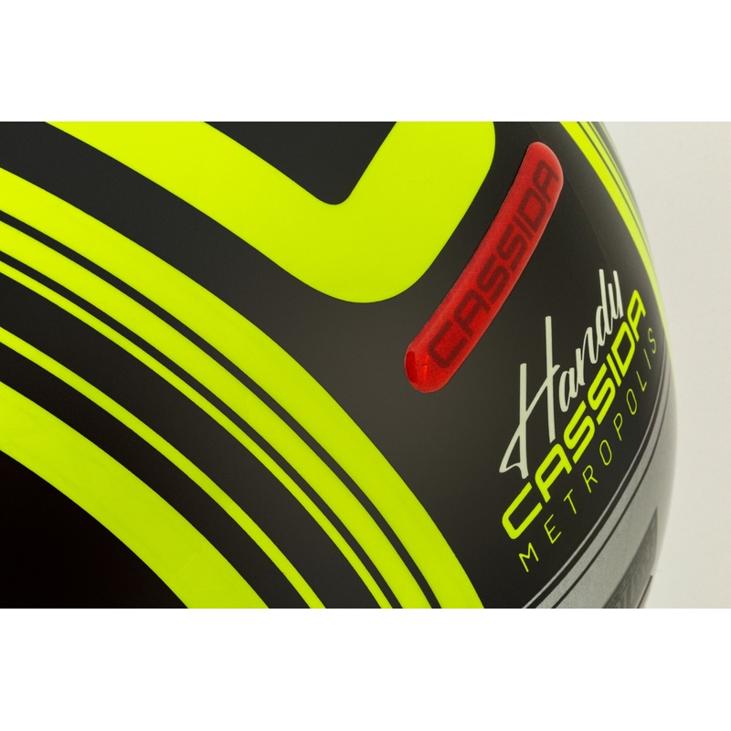 "Cassida Handy Metropolis Safety" fluo geltonos-juodos-juodos-refleksinės pilkos spalvos atviras motociklininko šalmas