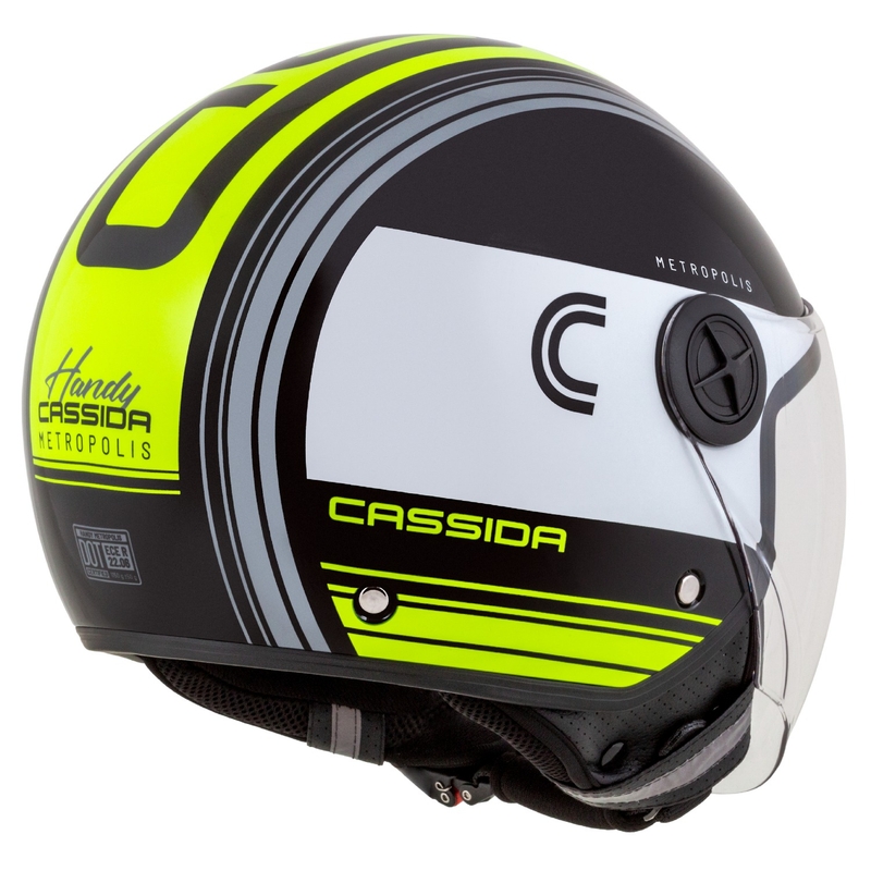 "Cassida Handy Metropolis" juoda-balta-geltona-geltona-pilka Atviras motociklininko šalmas
