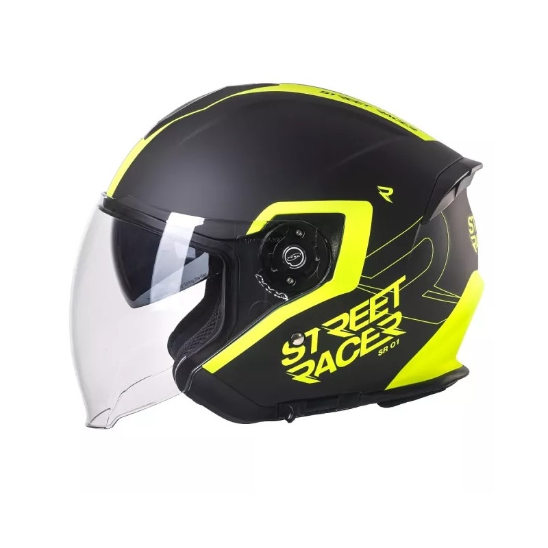 Otevřená přilba na motorku Street Racer SR 01 černo-fluo žlutá - II. jakost