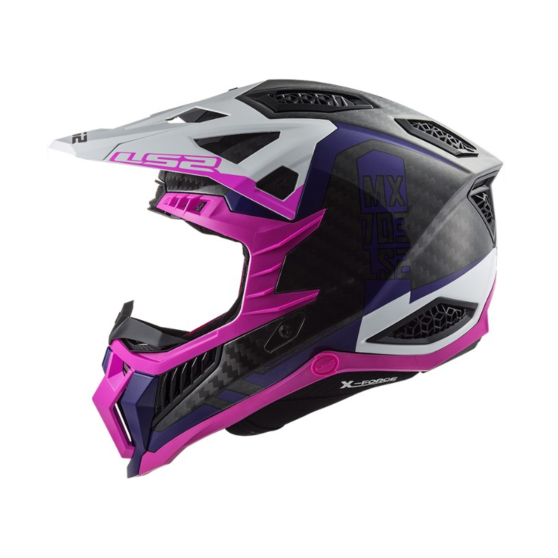 Motokroso šalmas LS2 MX703 C X-Force Victory juoda-balta-violetinė-rožinė