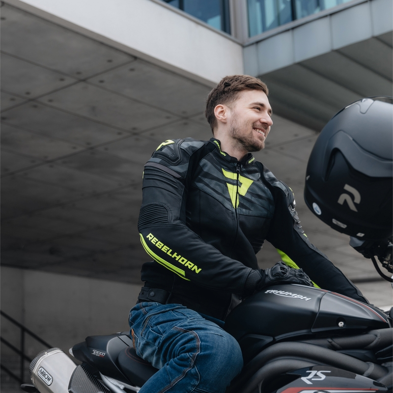 "Rebelhorn Vandal" juoda-fluo geltona odinė motociklininko striukė išpardavimas