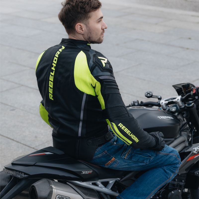 "Rebelhorn Vandal" juoda-fluo geltona odinė motociklininko striukė išpardavimas