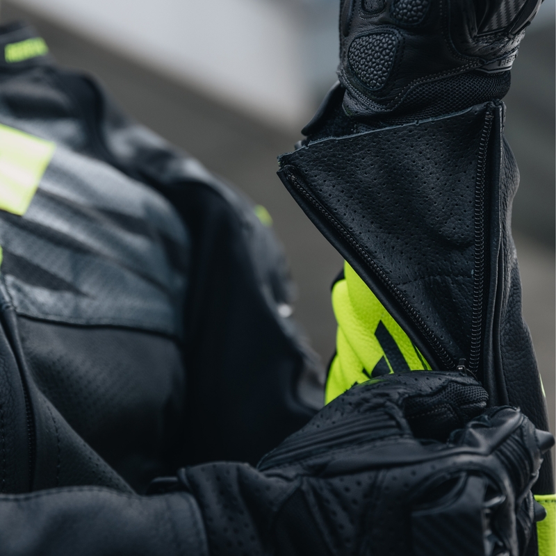 "Rebelhorn Vandal" juoda-fluo geltona odinė motociklininko striukė išpardavimas