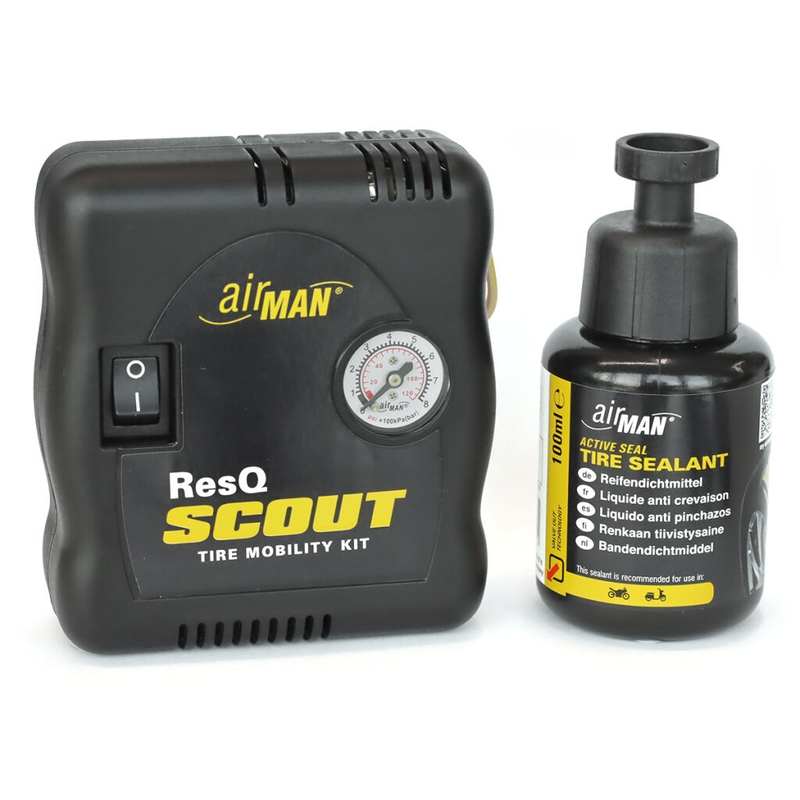 "AirMan ResQ Scout" padangų remonto rinkinys su kompresoriumi ir 100 ml papildymo talpa