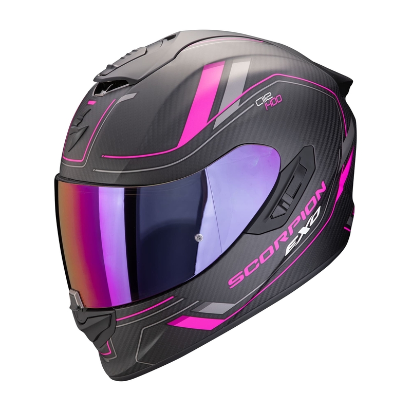 Integruotas motociklininko šalmas Scorpion EXO-1400 EVO II CARBON AIR MIRAGE matinis juodai rožinis išpardavimas
