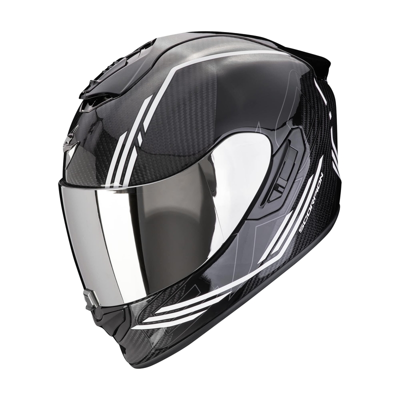 Integruotas motociklininko šalmas Scorpion EXO-1400 EVO II CARBON AIR REIKA juodai baltas išpardavimas