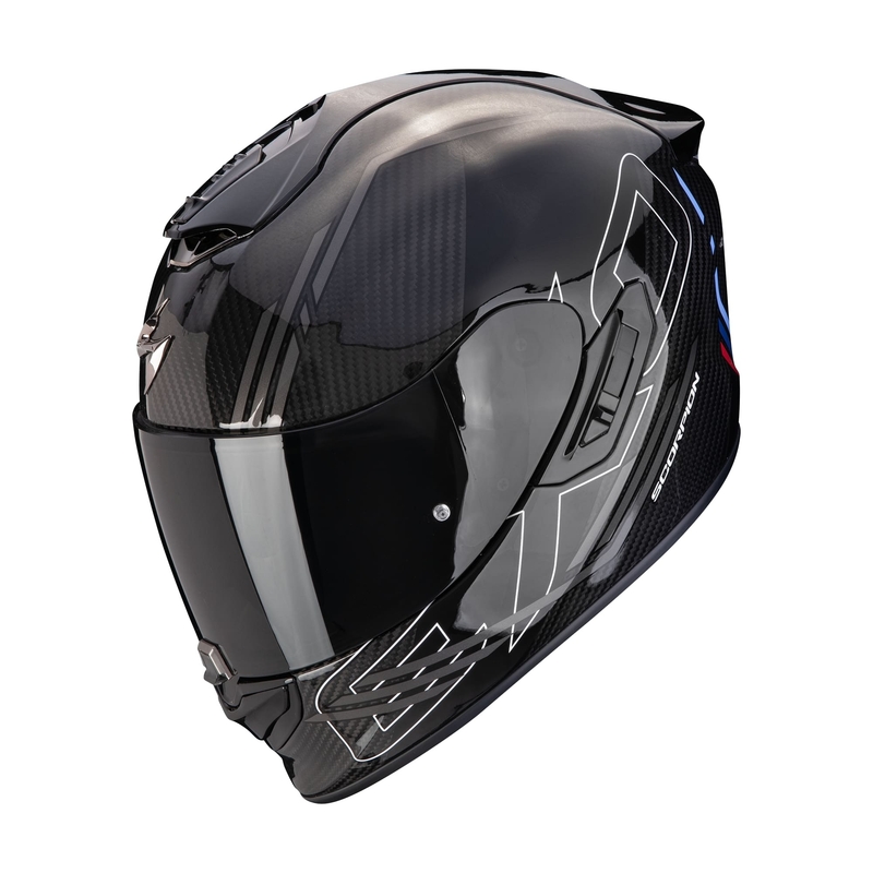 Integruotas motociklininko šalmas Scorpion EXO-1400 EVO II CARBON AIR REIKA juoda-sidabrinė-mėlyna išpardavimas