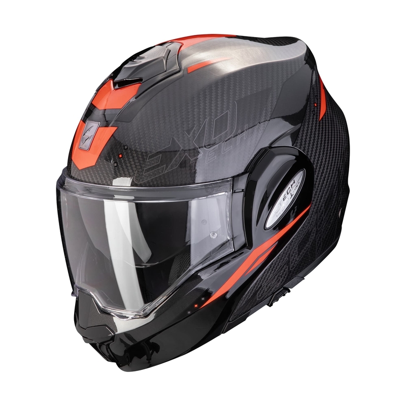 Sulankstomas motociklininko šalmas Scorpion EXO-TECH EVO CARBON ROVER juodai raudonas išpardavimas