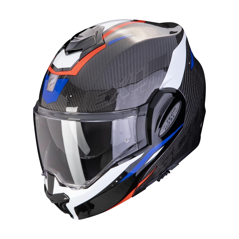 Sulankstomas motociklininko šalmas Scorpion EXO-TECH EVO CARBON ROVER juoda-raudona-mėlyna išpardavimas