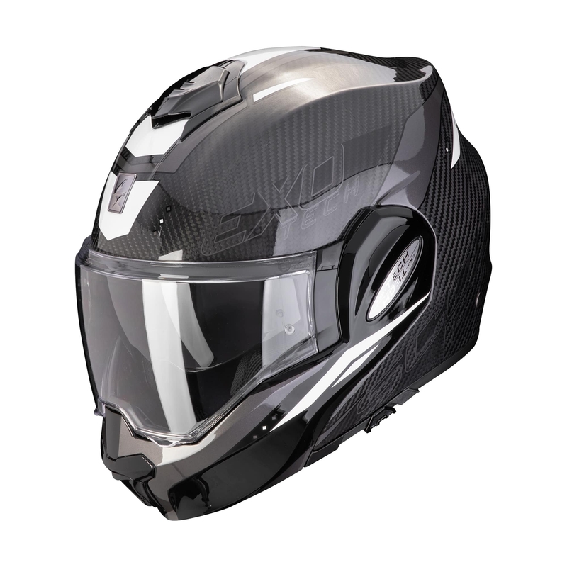 Sulankstomas motociklininko šalmas Scorpion EXO-TECH EVO CARBON ROVER juodai baltas