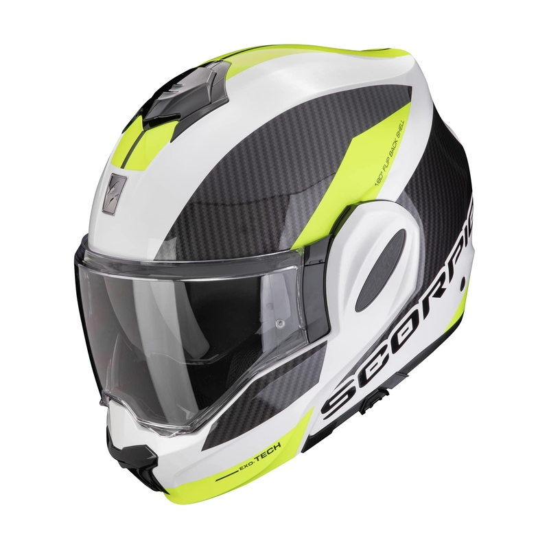 Sulankstomas motociklininko šalmas Scorpion EXO-TECH EVO TEAM baltai-fluo geltonas išpardavimas
