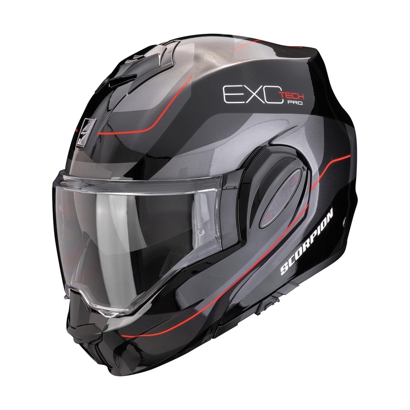 Sulankstomas motociklininko šalmas Scorpion EXO-TECH EVO PRO COMMUTA juodas-sidabrinis-raudonas išpardavimas