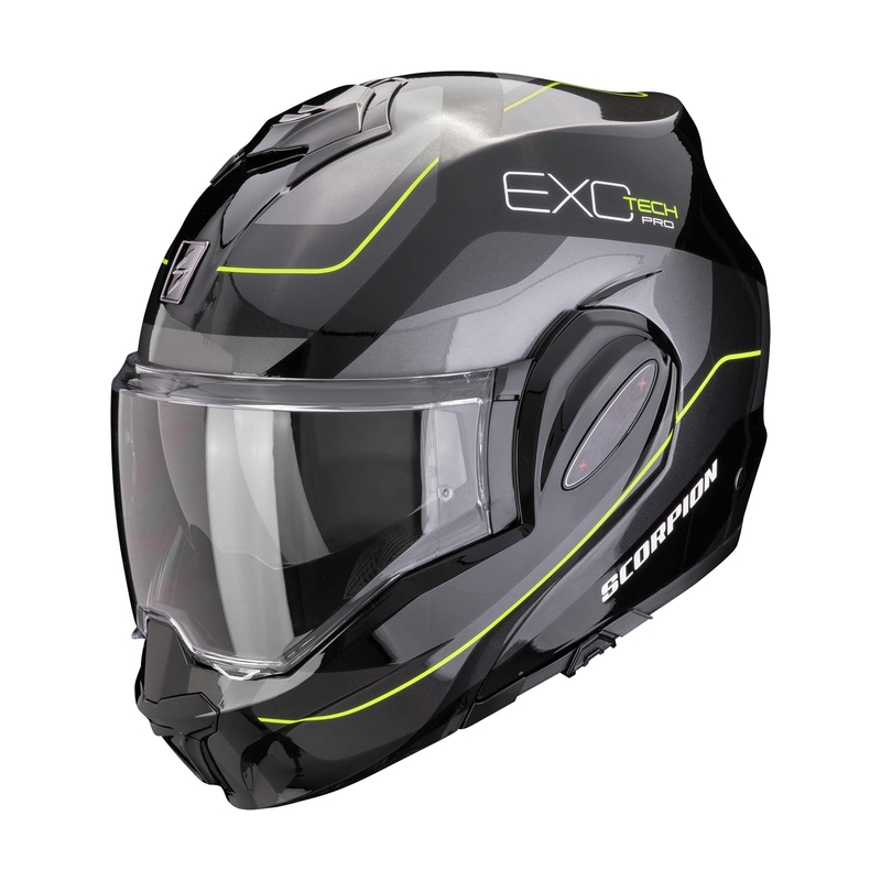 Sulankstomas motociklininko šalmas Scorpion EXO-TECH EVO PRO COMMUTA juodas-sidabrinis-geltonas išpardavimas